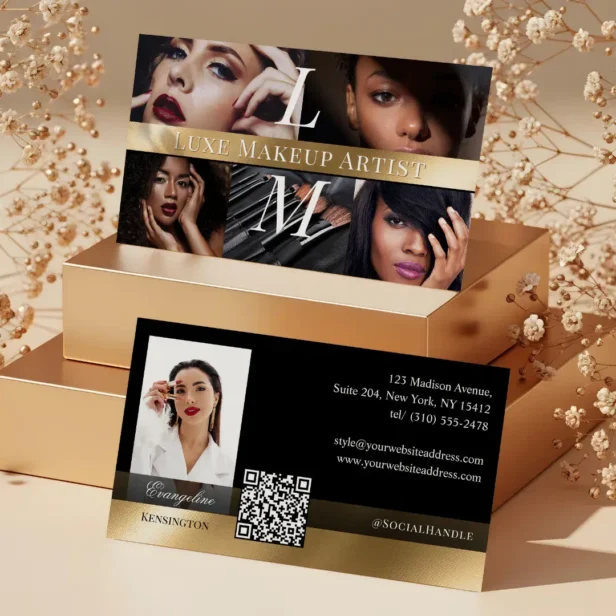 Photo Glam Makeup Artist Luxe Monogram Black Gold Business Card