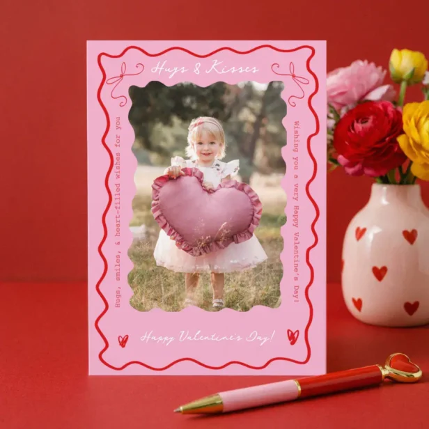 Pink Red Retro Wavy Scribble Child Photo Valentine Holiday Card