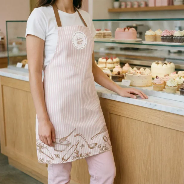 Pink Stripe Bakery Logo Hand Drawn Baking Utensils Apron