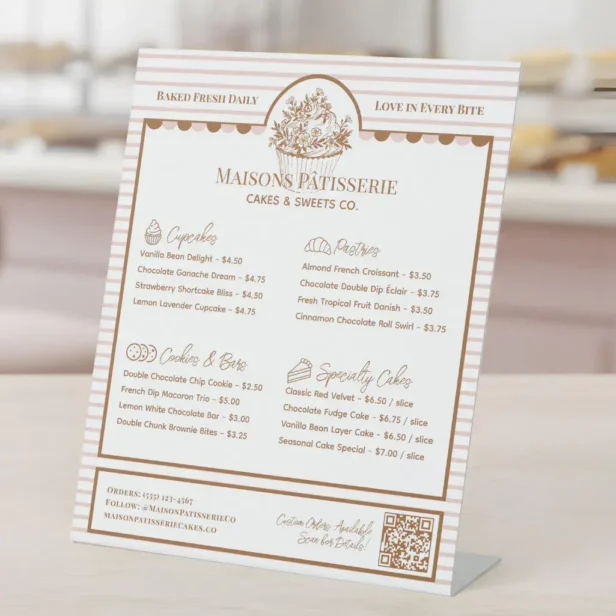 Pink Stripe Cupcake Pastry Bakery Menu Price List Pedestal Sign