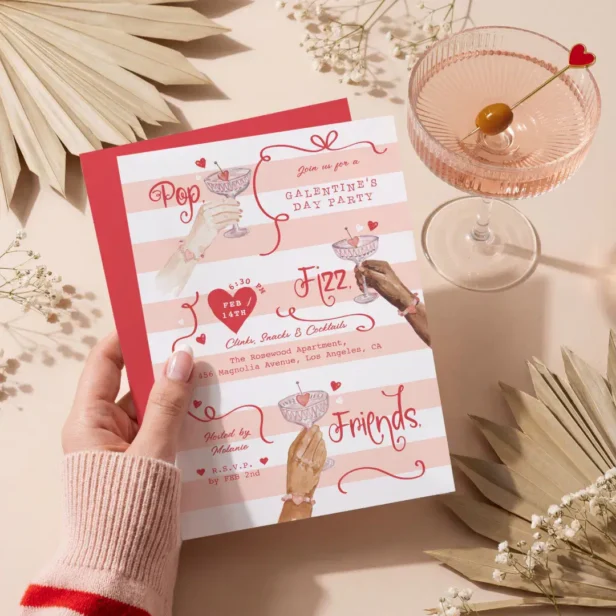 Pop Fizz Friends Galentine’s Day Girls Night Party Invitation