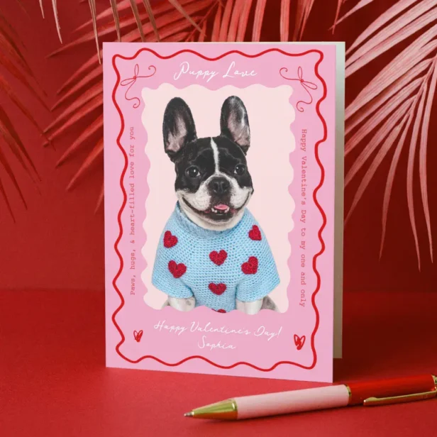 Puppy Love Pink Red Retro Dog Pet Photo Valentines Holiday Card