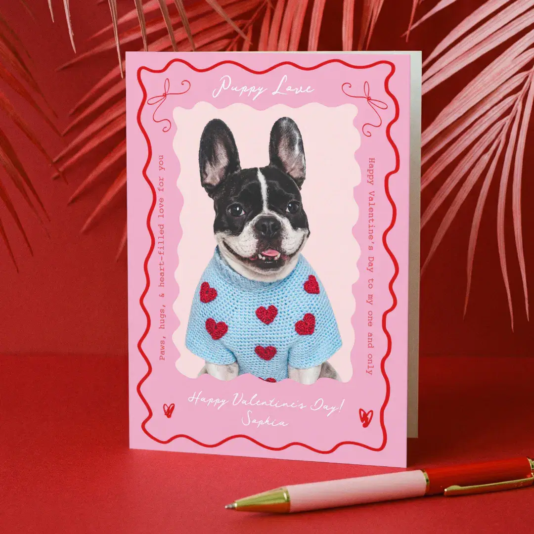 Puppy Love Pink Red Retro Dog Pet Photo Valentines Holiday Card