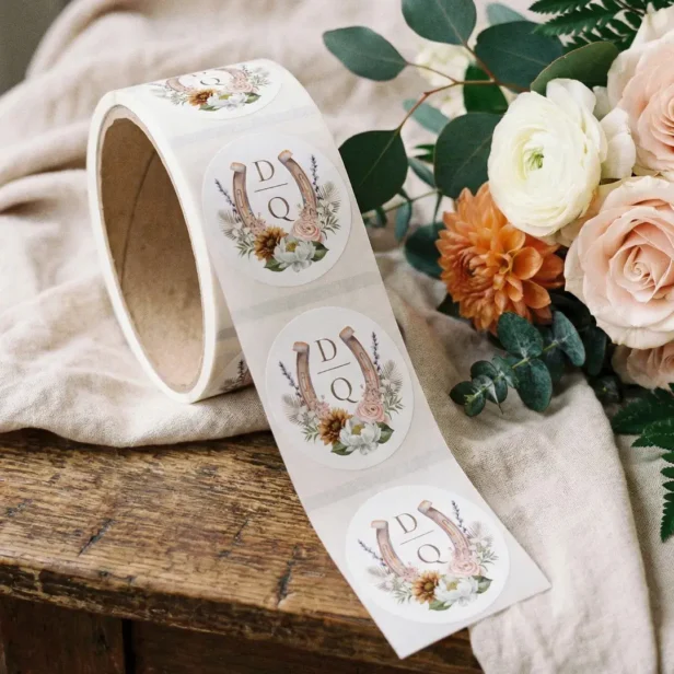 Watercolor Floral Boho Western Horseshoe Monogram Classic Round Sticker