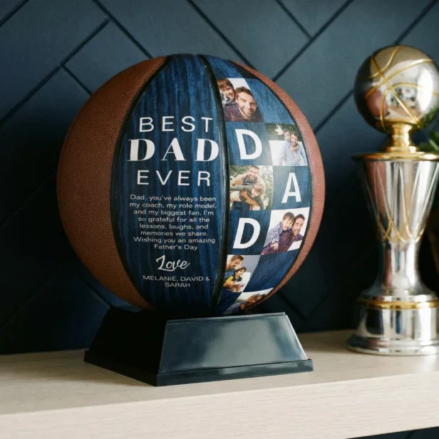 Best Dad Ever Photo Collage Woodgrain Personalize Basketball