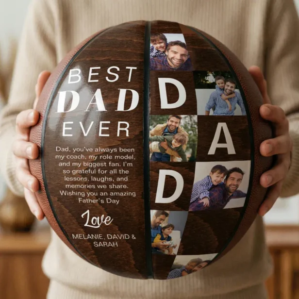 Best Dad Ever Photo Collage Woodgrain Personalize Basketball
