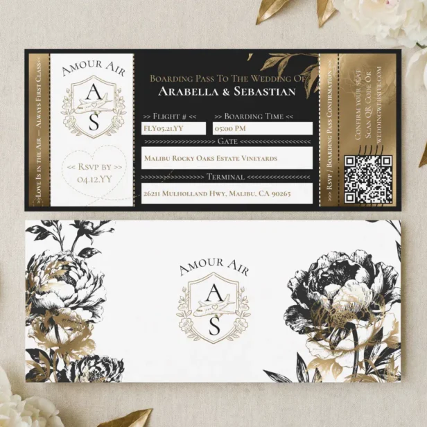 Black Gold Floral Boarding Plane Ticket Wedding Invitation
