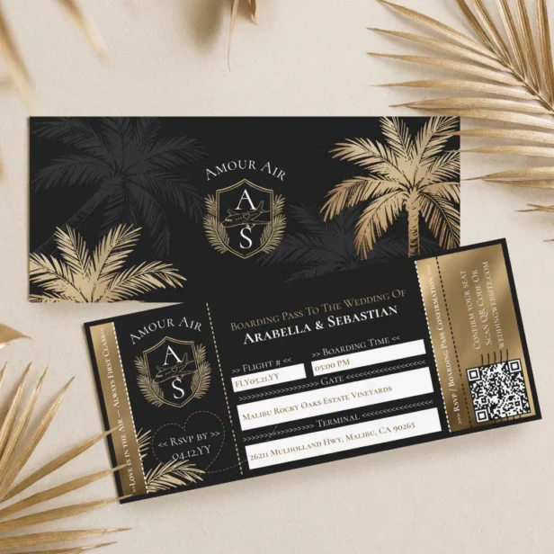 Black Gold Tropical Boarding Plane Ticket Wedding Invitation