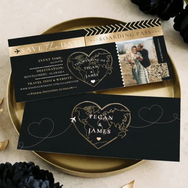Boarding Pass Black Gold Wedding Save The Date Invitation