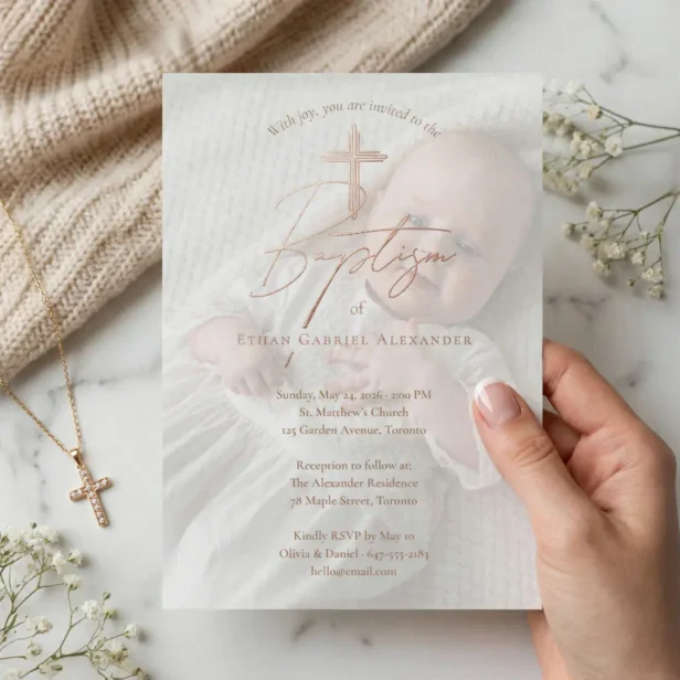 Elegant Baptism Christening Religious Cross Photo Foil Invitation
