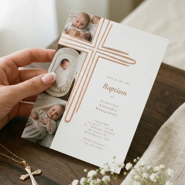 Elegant Baptism Christening Religious Cross Photo Foil Invitation