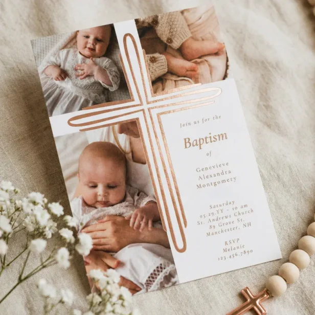 Elegant Baptism Christening Religious Photo Cross Foil Invitation
