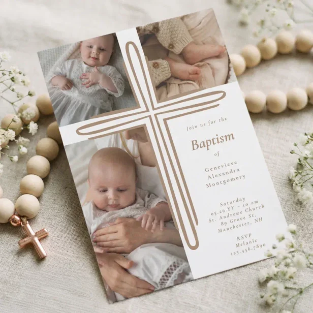 Elegant Baptism Christening Religious Photo Cross Beige Invitation