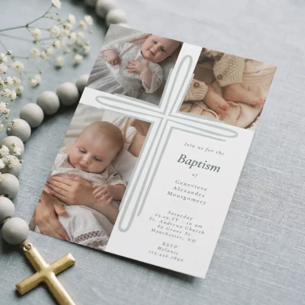 Elegant Baptism Christening Religious Photo Cross Grey Invitation