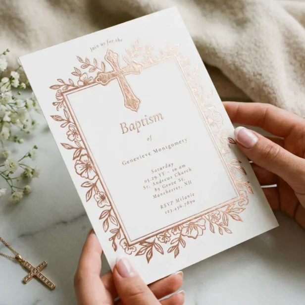 Elegant Floral Cross Baptism Religious Baby Photo Foil Invitation