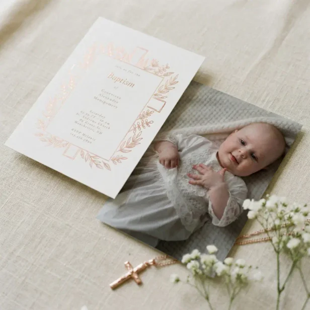 Elegant Floral Cross Baptism Religious Baby Photo Foil Invitation
