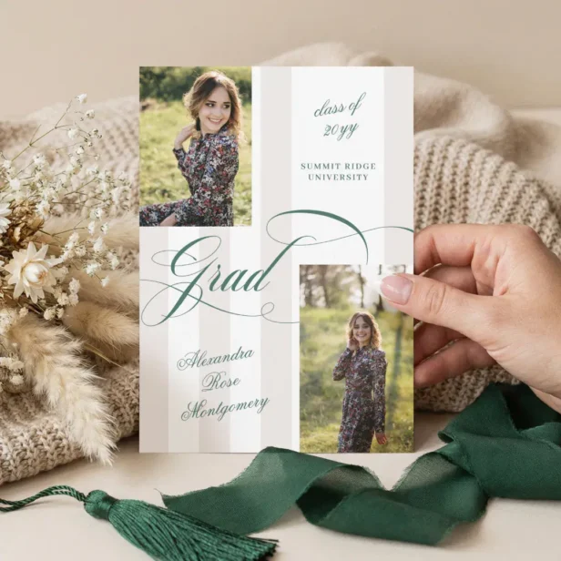 Elegant Grad Script French Stripe Photo Graduation Announcement Green Beige