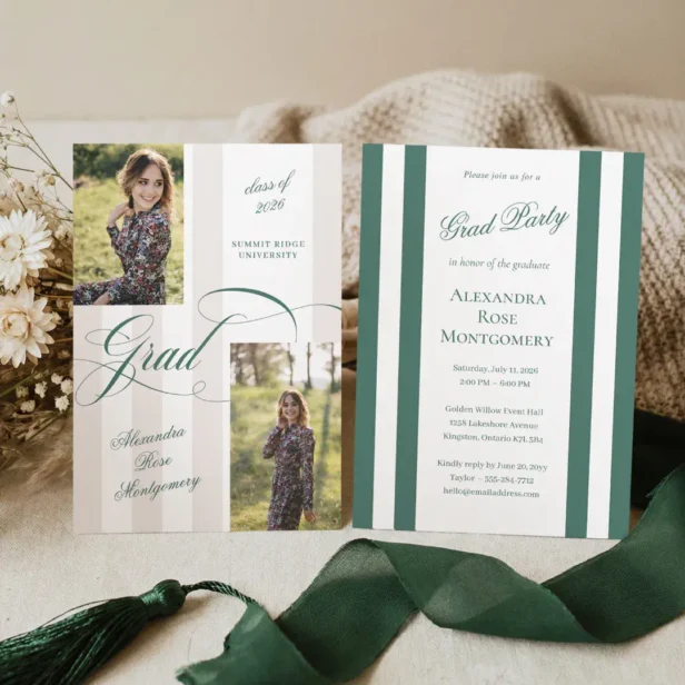 Elegant Grad Script French Stripe Photo Graduation Invitation Green Beige