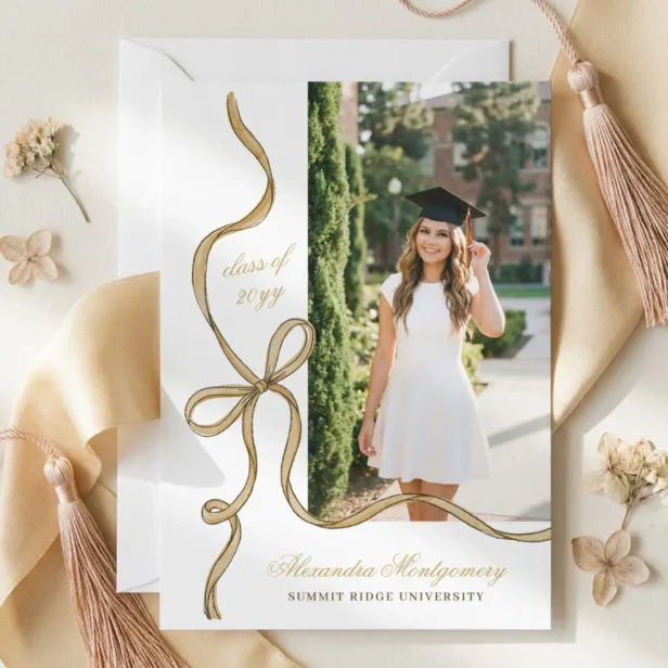 Elegant hand Drawn Gold Bow Grad Photo Graduation Announcement