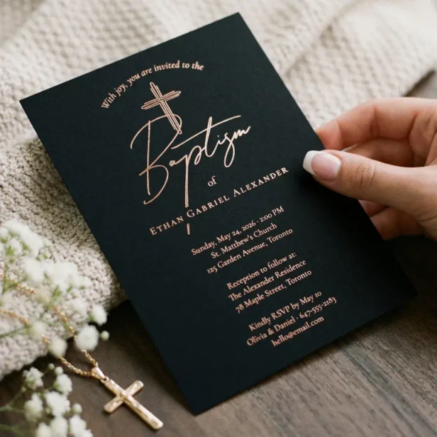 Elegant Modern Baptism Christening Religious Cross Foil Black Invitation