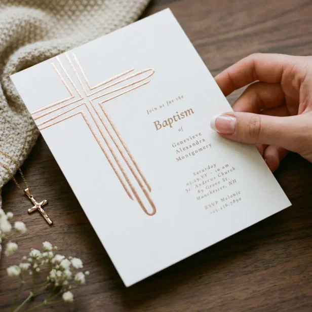 Elegant Modern Baptism Christening Religious Cross Foil Invitation