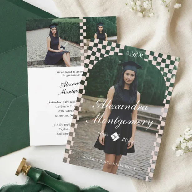 Elegant Retro Checkered Arch Grad Photo Graduation Announcement