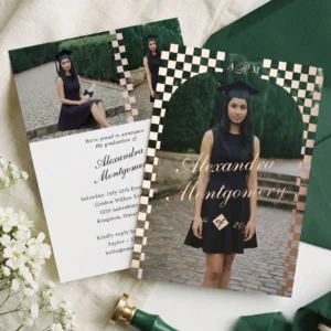 Elegant Retro Checkered Arch Grad Photo Graduation Foil Invitation