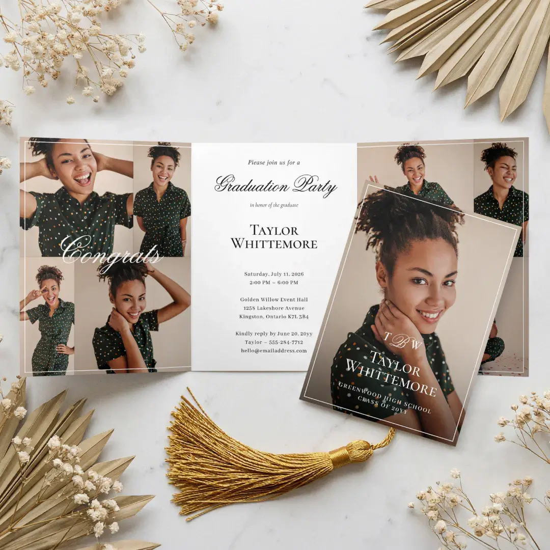 Elegant Script Grad Photo Collage Graduation Party Tri-Fold Invitation