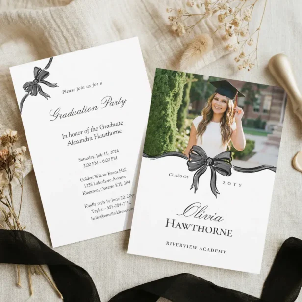 Elegant Stylish Black Bow Ribbon Photo Graduation Invitation