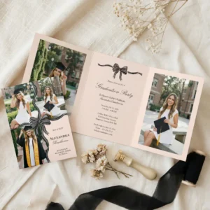 Elegant Stylish Black Bow Ribbon Photo Graduation Tri-Fold Invitation