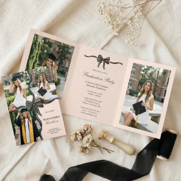 Elegant Stylish Black Bow Ribbon Photo Graduation Tri-Fold Invitation