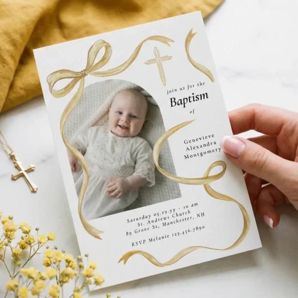 Elegant Yellow Bow Baptism Baby Photo Arch Cross Invitation