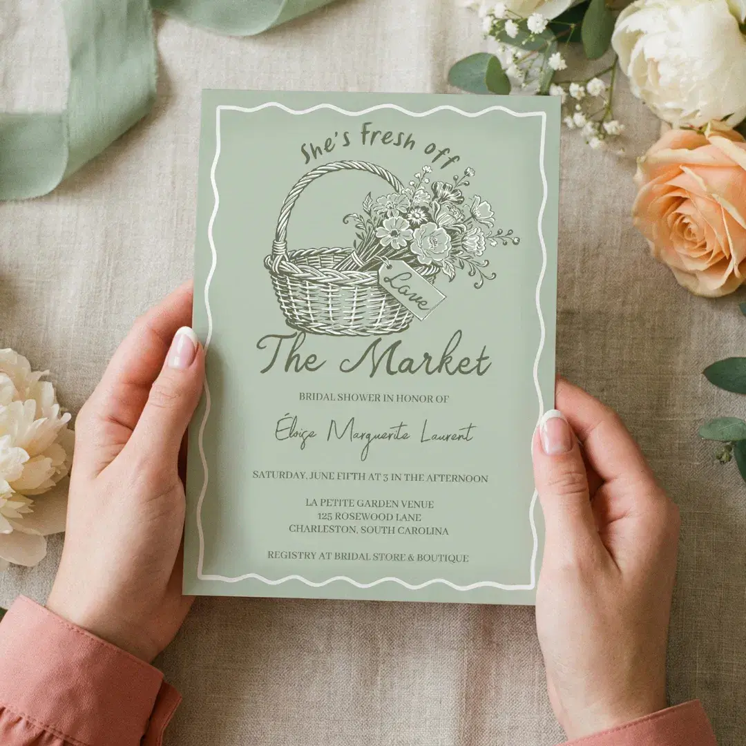 Fresh Off The Market Floral Basket Bridal Shower Invitation