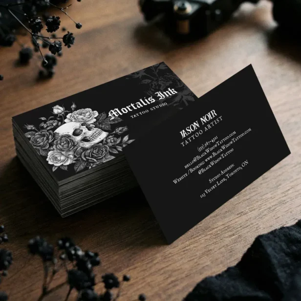 Gothic Skull & Floral Black Tattoo Studio Artist Business Card