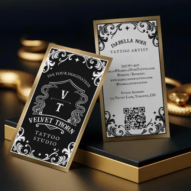 Gothic Vintage Black Gold Tattoo Artist Monogram Business Card
