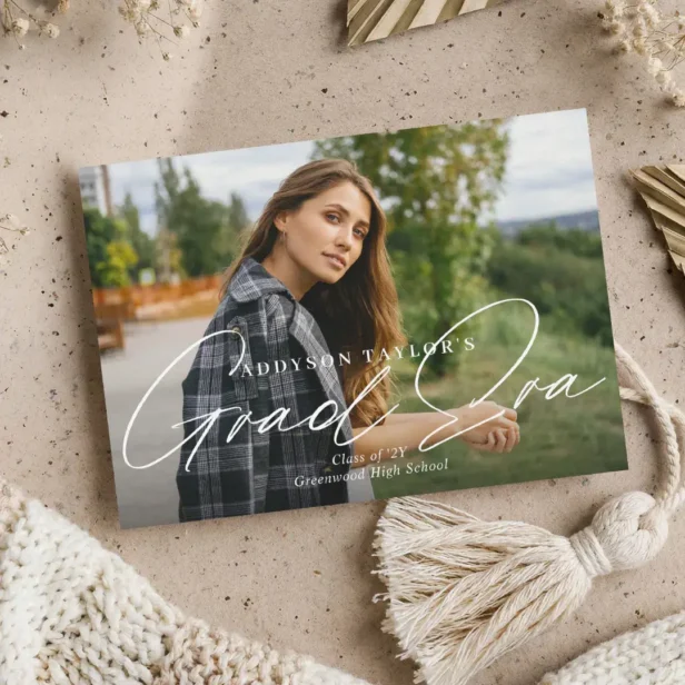 Grad Era Script Minimal Elegant Graduation Photo Announcement
