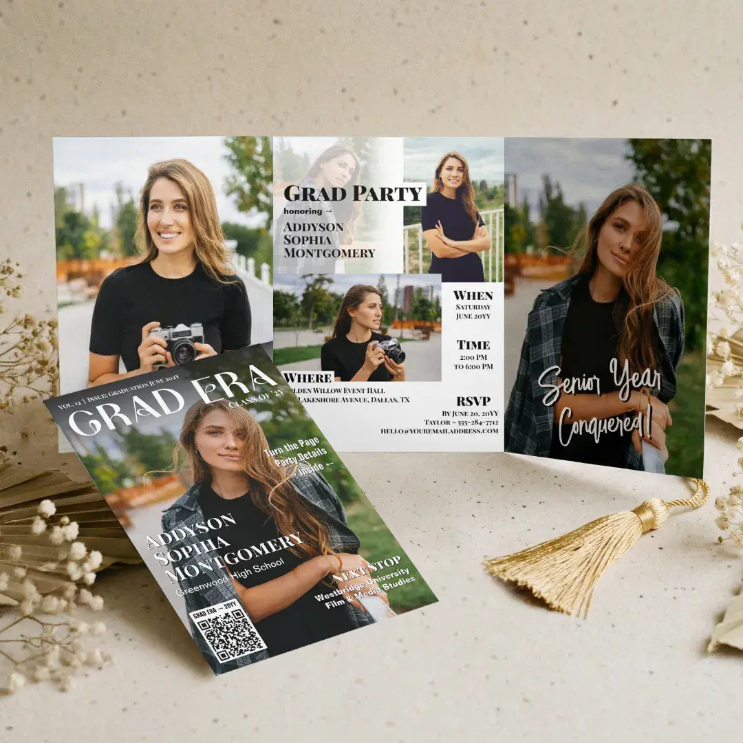 Grad Era Trendy Graduation Magazine Photo Collage Tri-Fold Invitation