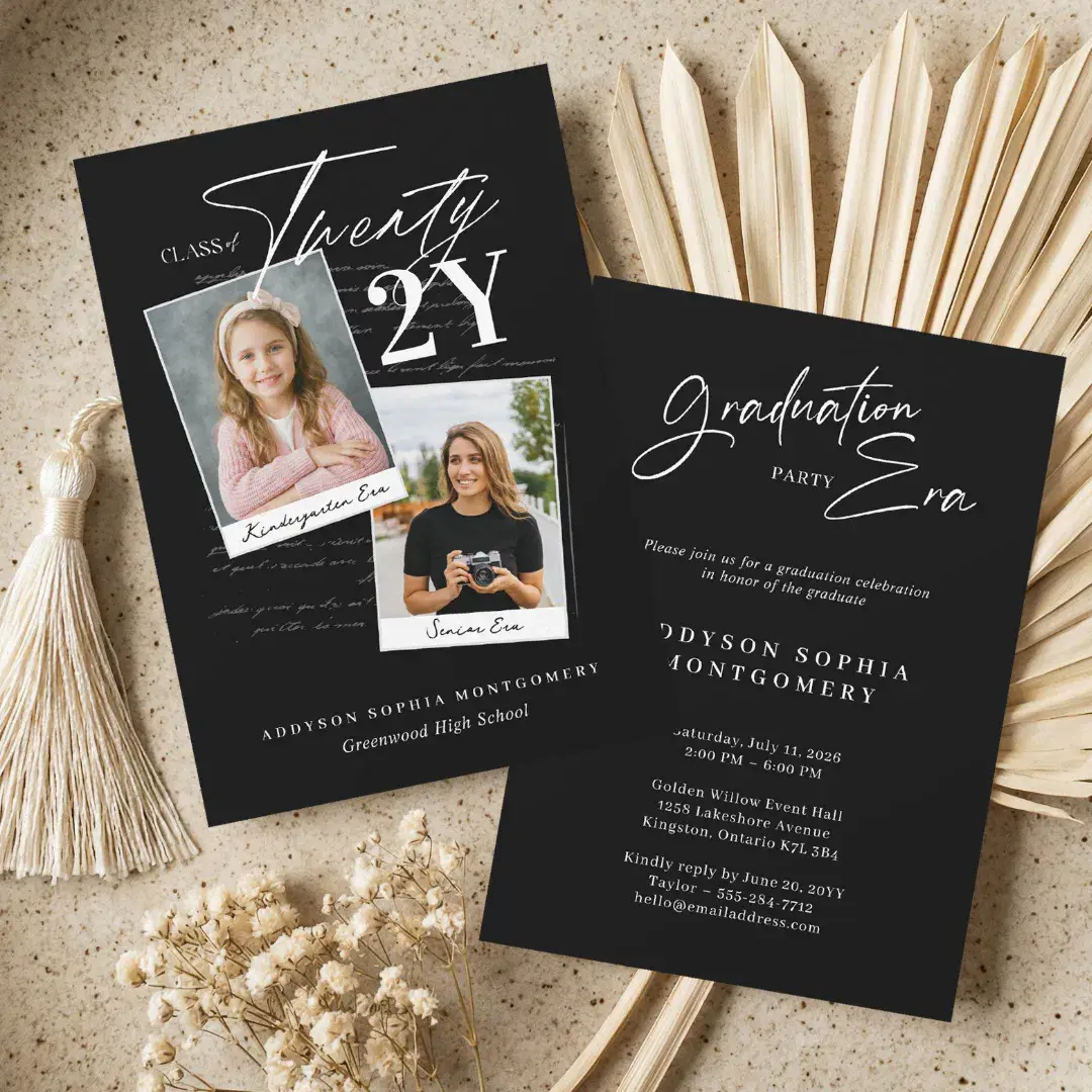 Graduation Era Modern Retro Then & Now Grad Photo Black Invitation