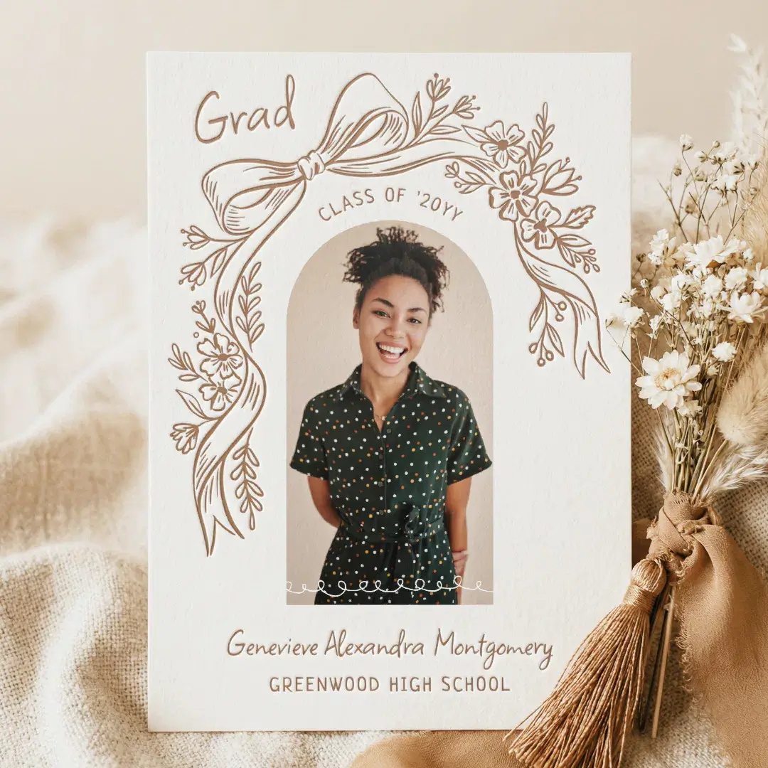 Hand Drawn Floral Bow Arch Photo Graduation Letterpress Photo Cards
