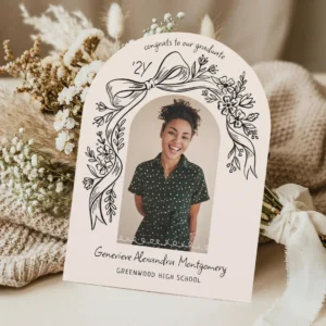 Hand Drawn Floral Bow Arch Photo Graduation Party Beige Black Arch Invitation