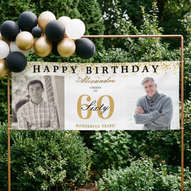 Happy Birthday Cheers To 60 Years Photo Then & Now Banner