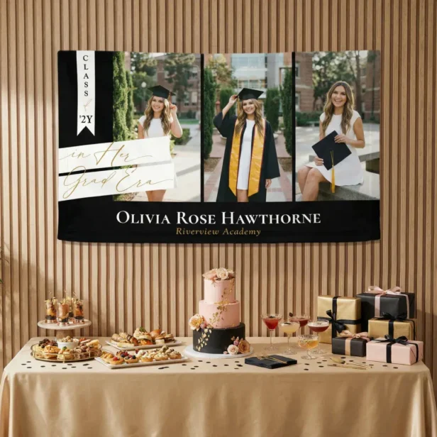 In Her Grad Era Elegant 3 Photo Graduation Party Black Banner