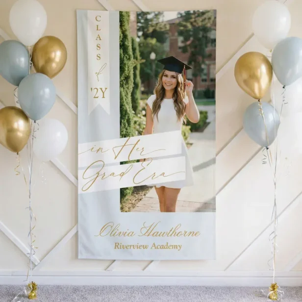 In Her Grad Era Elegant Photo Graduation Party Pale Blue Banner