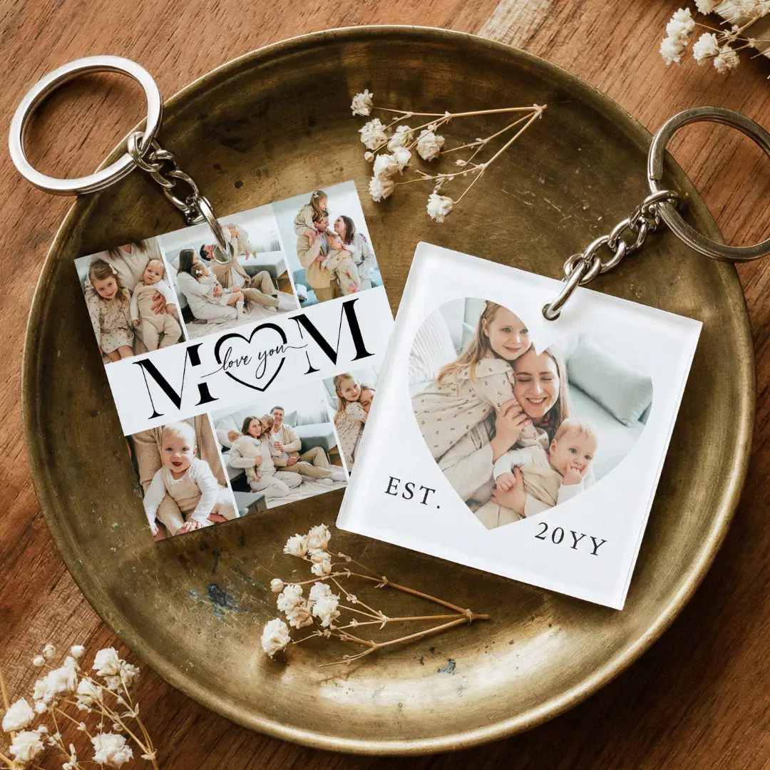 Love You Mom Heart Photo Collage Keepsake Gift Keychain