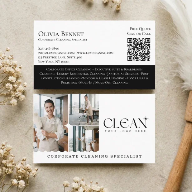 Luxury Elegant Commercial Cleaning Photo QR Code Business Card