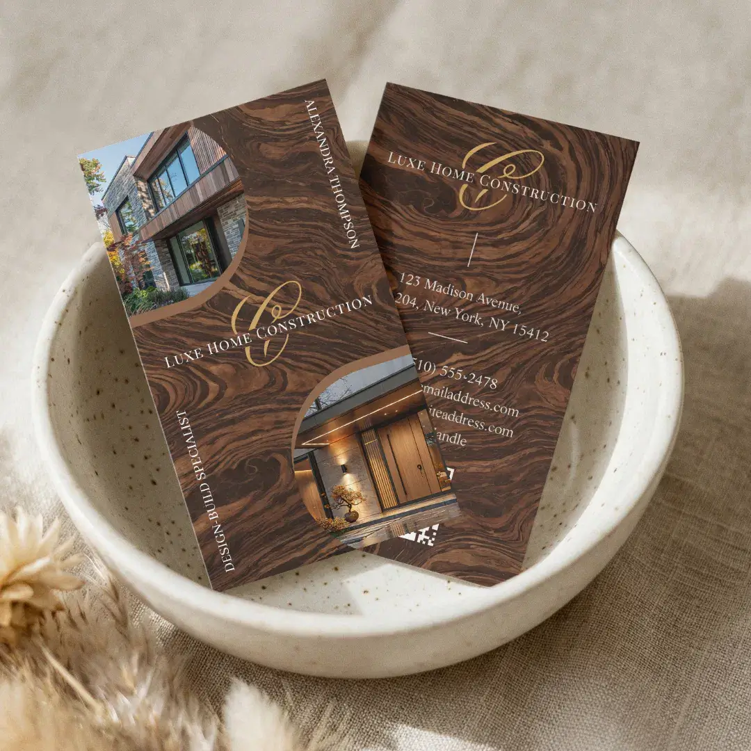Luxury Woodgrain Monogram Home Contractor Photo Business Card