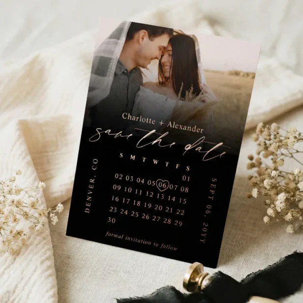 Minimal Black Photo Calendar Wedding Save the Date Foil Invitation