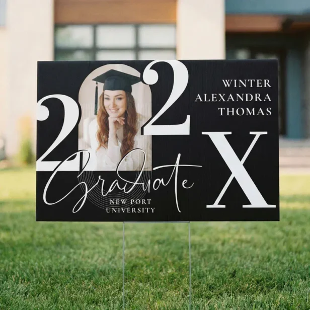 Minimal Bold Year Arch Grad Photo Graduation Black Sign
