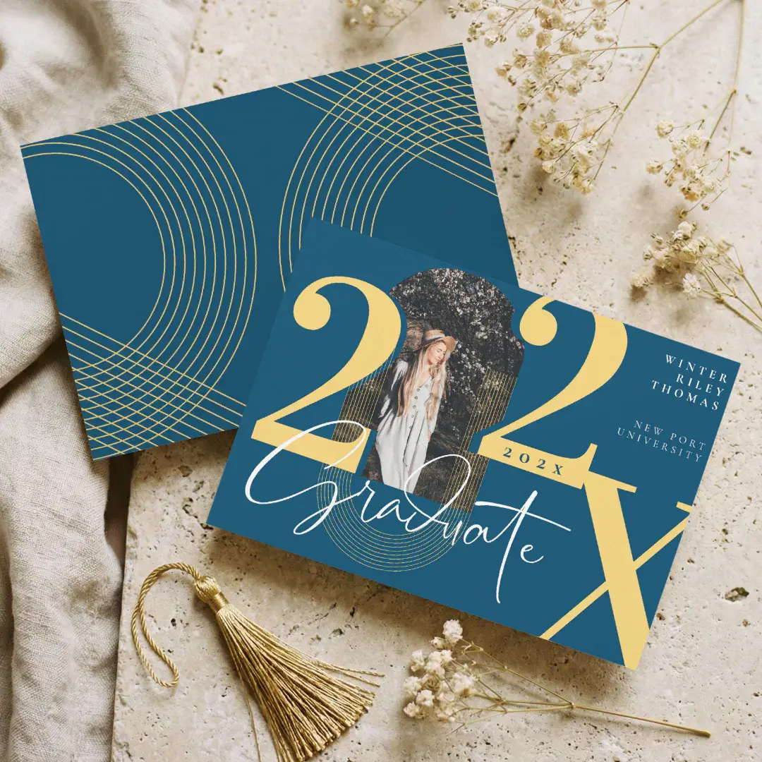 Minimal Modern Arch Photo Graduation Blue Announcement