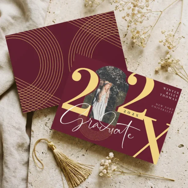 Minimal Modern Arch Photo Graduation Red Announcement